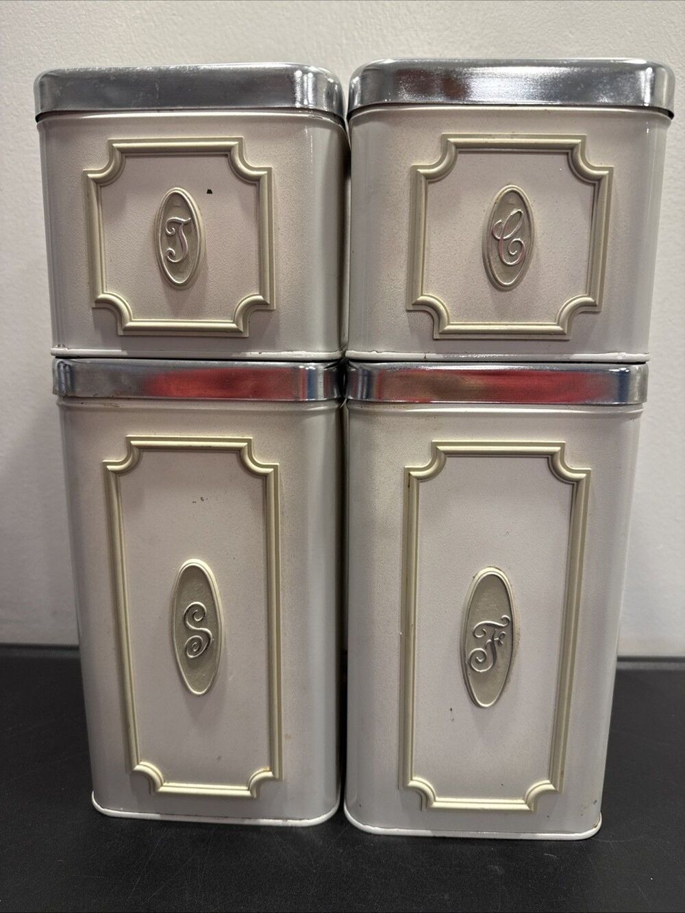 EKCO Canada Vintage Metal MCM Kitchen Canister Set Of 4 White Silver Green Trim